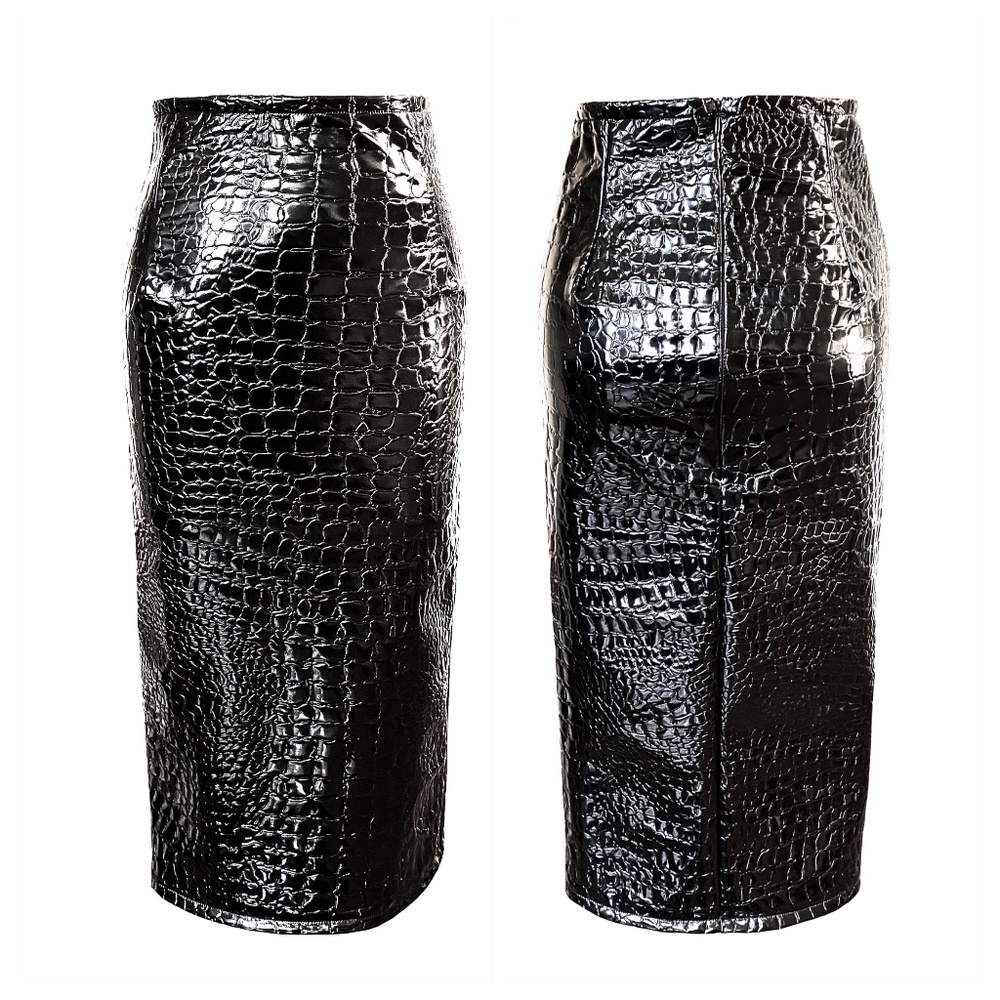 Handmade Black Croc Embossed Stretch Vinyl Pencil Skirt